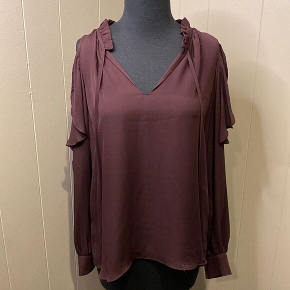 Parker Small Marjorie Long Sleeve Cold Exposed Shoulder Ruffle Blouse Purple - Picture 2 of 9